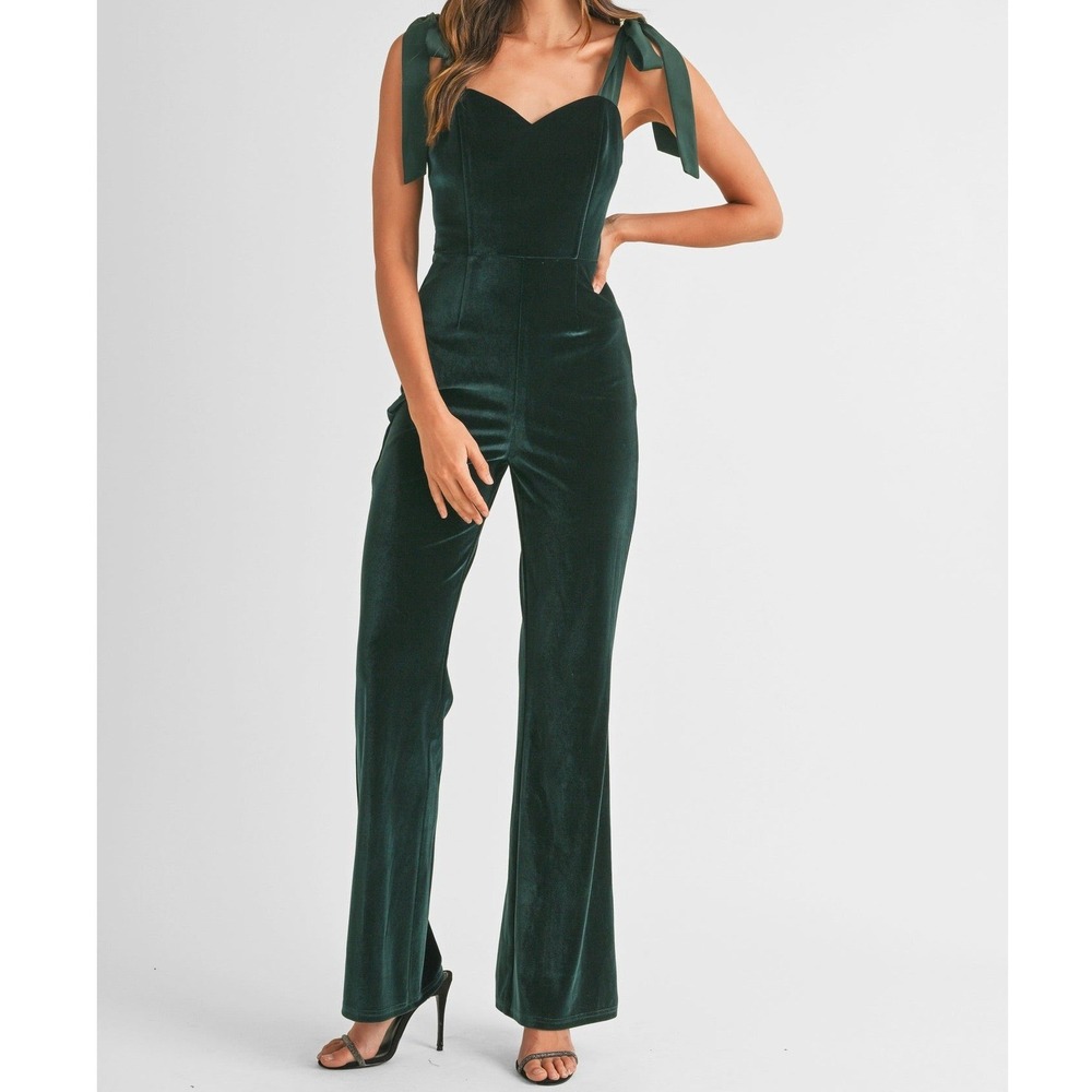 NWT MABLE Ellison Shoulder Tie Velvet Jumpsuit Forest Green Flare Sweetheart S